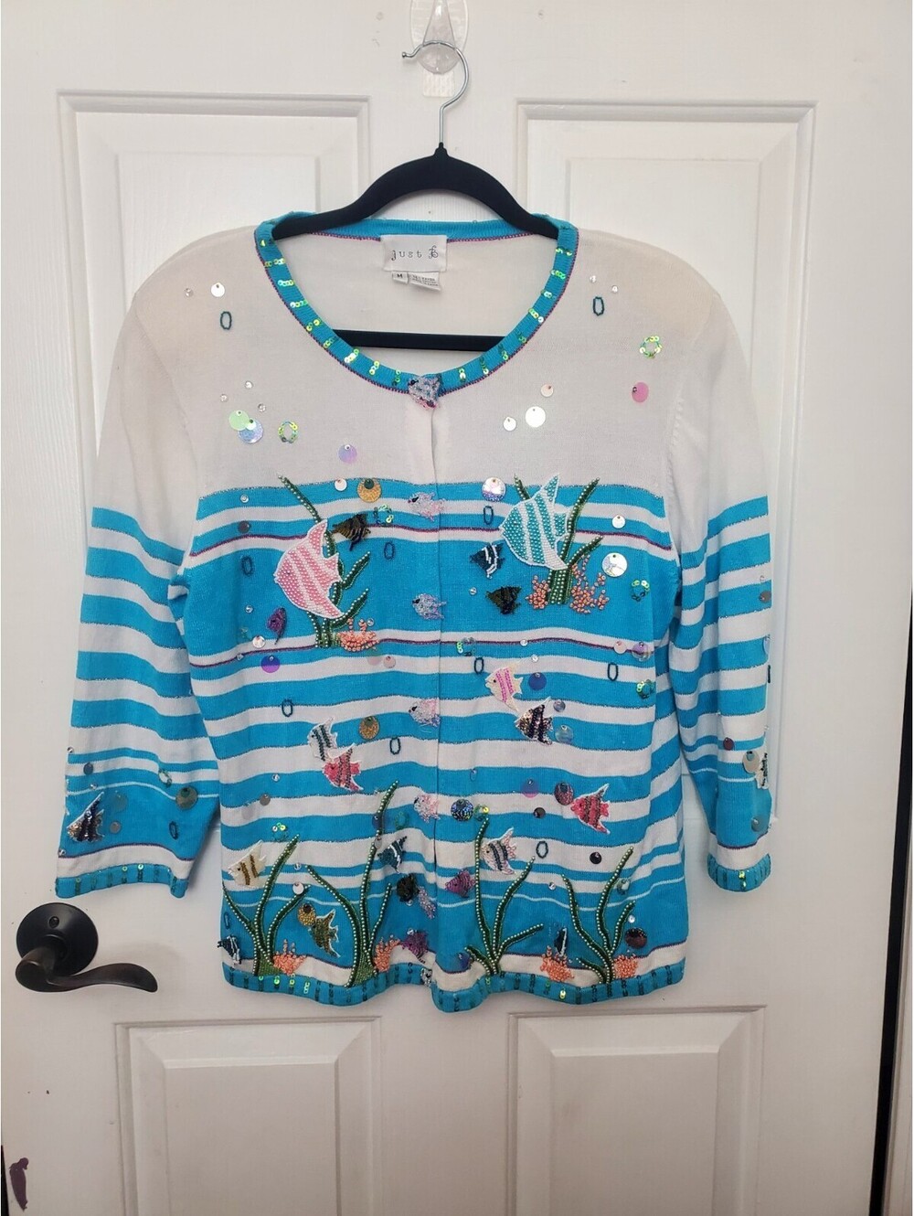Just B Nautical Cardigan Sweater Beaded Fish Ocean Sea Rayon Medium Artsy